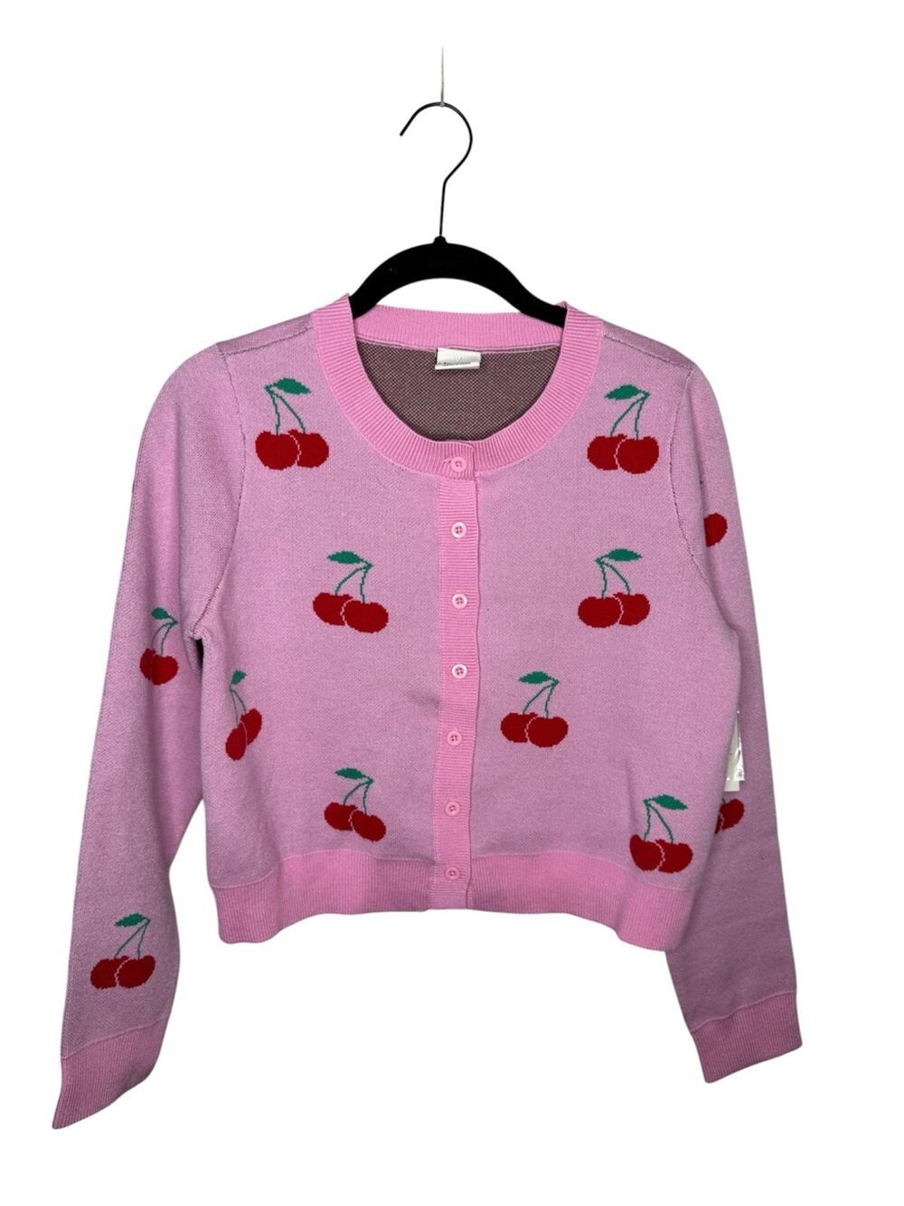 NIKKA K / pink red novelty pink cherry printed cropped cardigan sweater / M